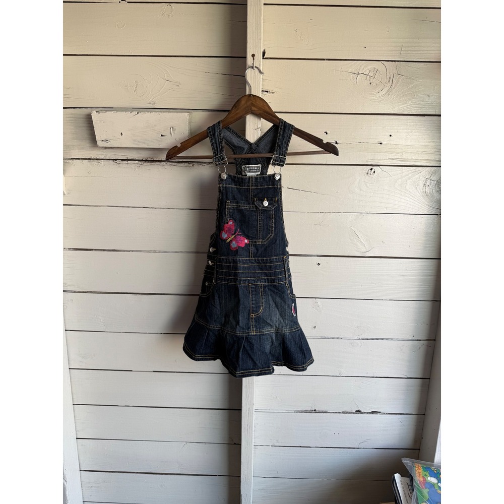 Route 66 Girls Denim Jumper Dress Dark Wash Butterfly Heart Embroidered Size 7/8
